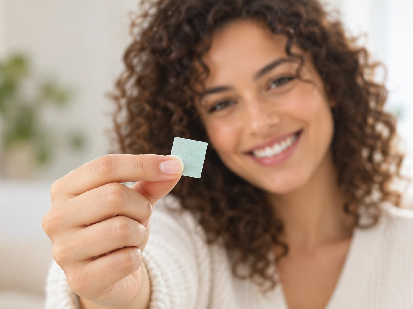 Woman holding a finished oral strip